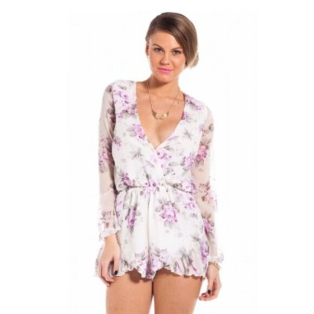Romantic Floral Lilac V Wrap Front Playsuit Summer Soft Romper